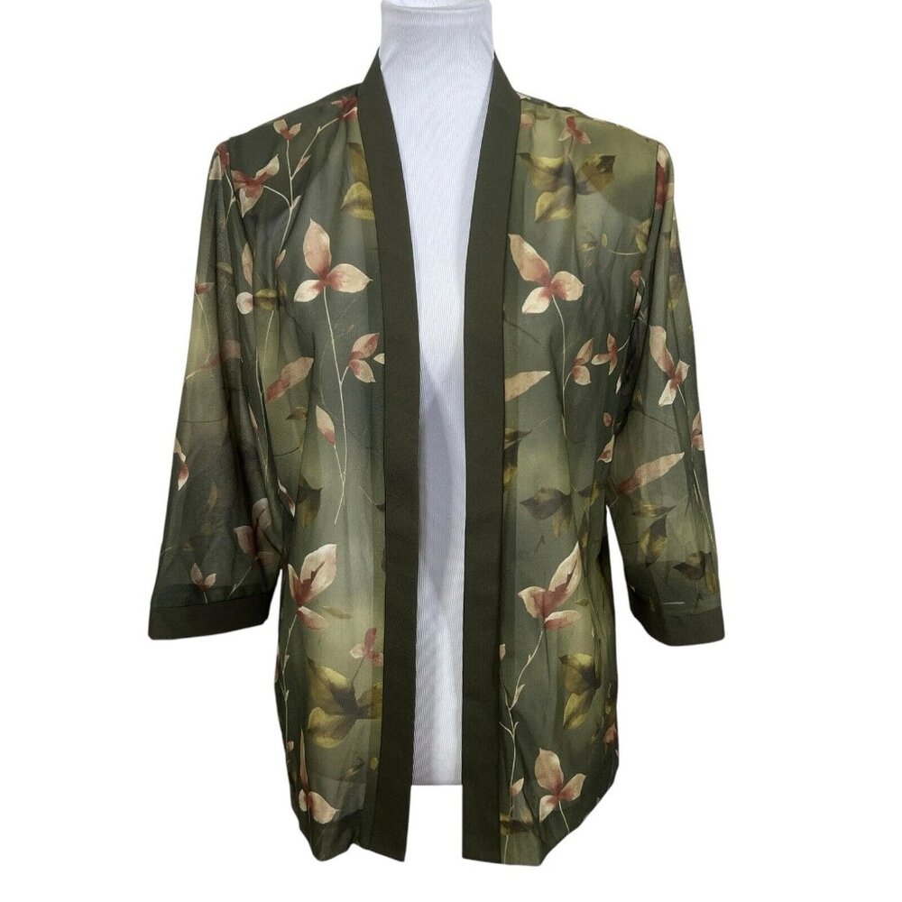 Sara Morgan‎ Open Front Blouse Green Floral Semi Sheer Top With Necklace L Large